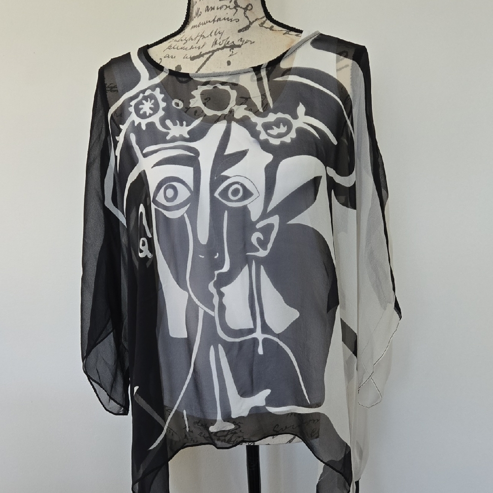 COCOON HOUSE 100% SILK KIMONO STYLE PONCHO WRAP COVERUP WEARABLE ART ABSTRACT SM - Picture 2 of 9